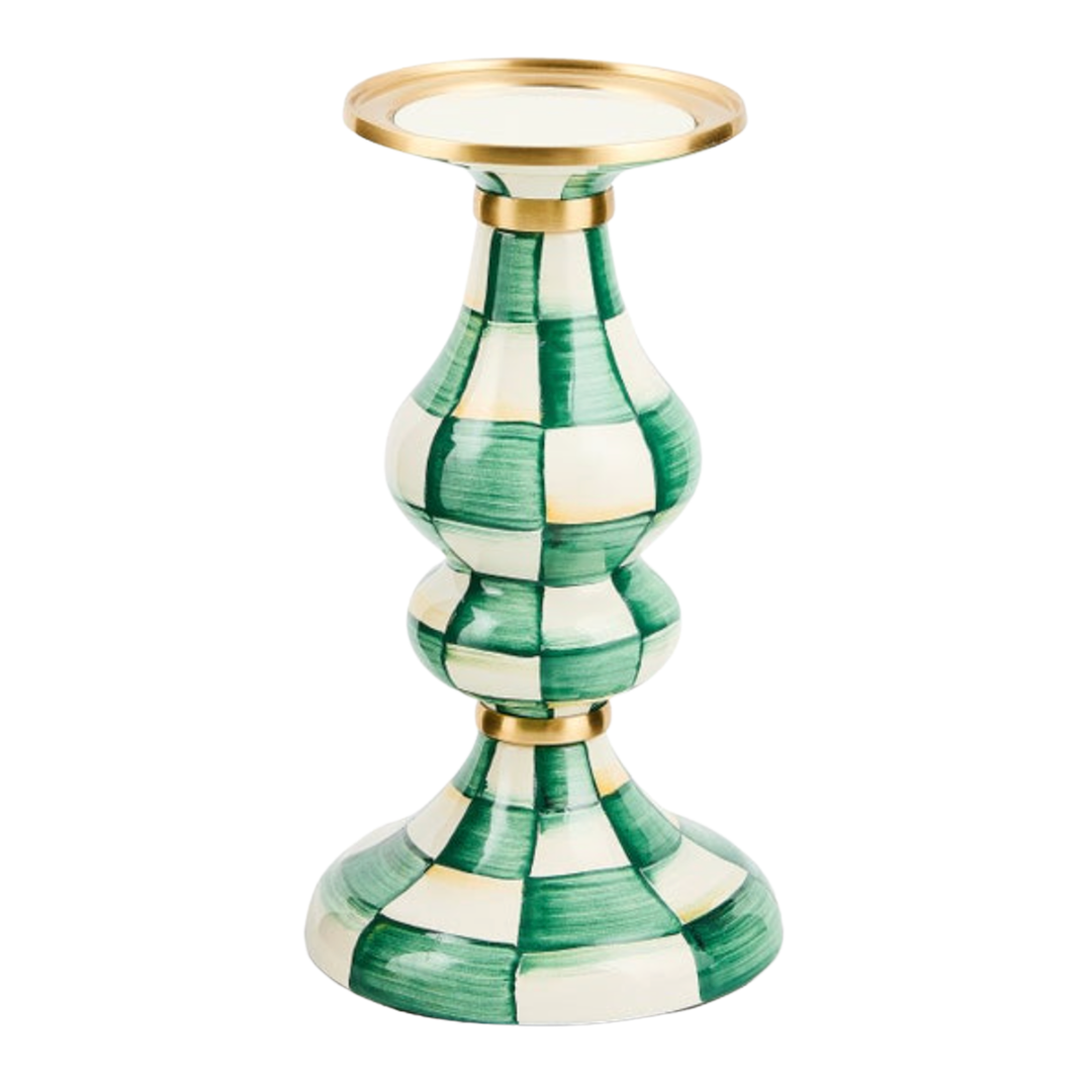 MACKENZIE CHILDS Emerald Check Medium Pillar Candlestick