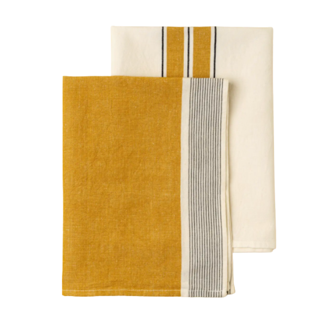 INDABA French Stripe Yellow Linen Tea Towel Set Default Title