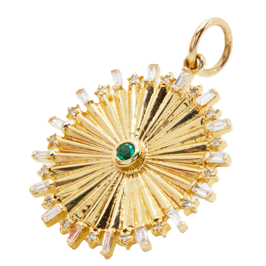 KELLY FLETCHER Starburst Medallion In Yellow Gold With Diamonds And Centered Emerald Default Title
