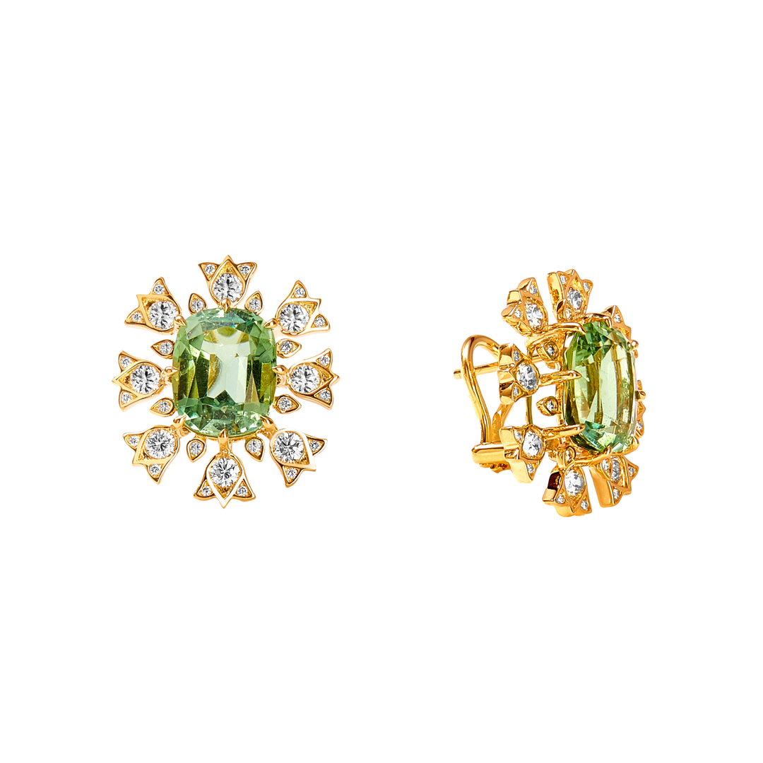Green Tourmaline and Diamond Clip Earrings in 18K Yellow Gold