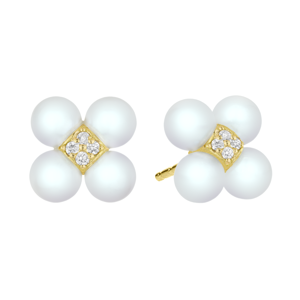 18K Yellow Gold Sequende Pearl And Diamond Studs