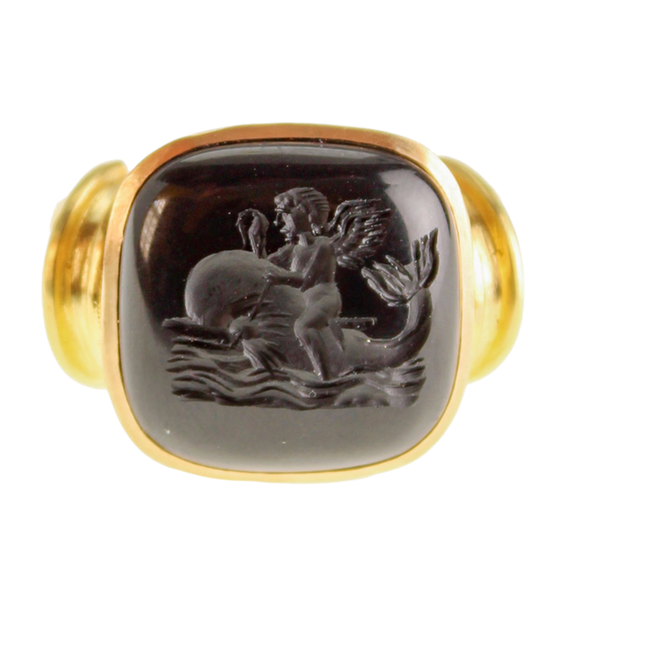 Black Onyx 19K Yellow Gold Cupid On Dolphin Ring