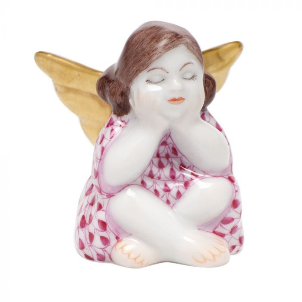 HEREND Heavenly Bliss Sitting Angel RASPBERRY