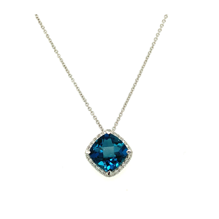 LISA NIK LONDON BLUE TOPAZ CUSHION PENDANT NECKLACE 18K WG .15 DIAMONDS 18"