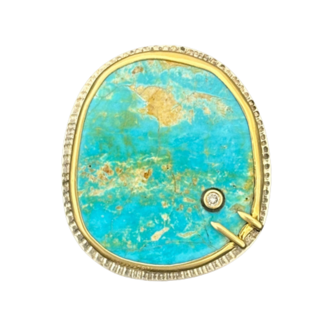 ARI O JEWELRY Southwestern Royston Turquoise Yellow Gold And Silver Ring With Diamonds