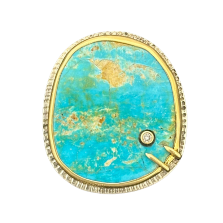 ARI O JEWELRY Southwestern Royston Turquoise Yellow Gold And Silver Ring With Diamonds
