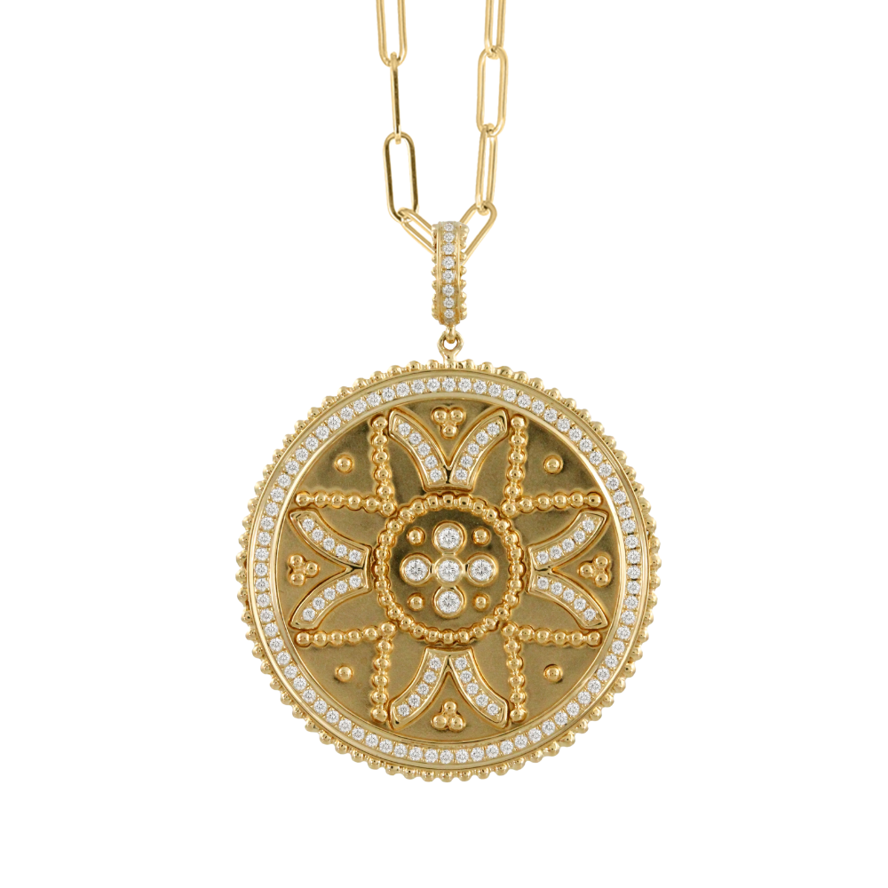 DOVES DORON PALOMA 18K YELLOW GOLD ROUND STAR MEDALLION WITH DIAMONDS