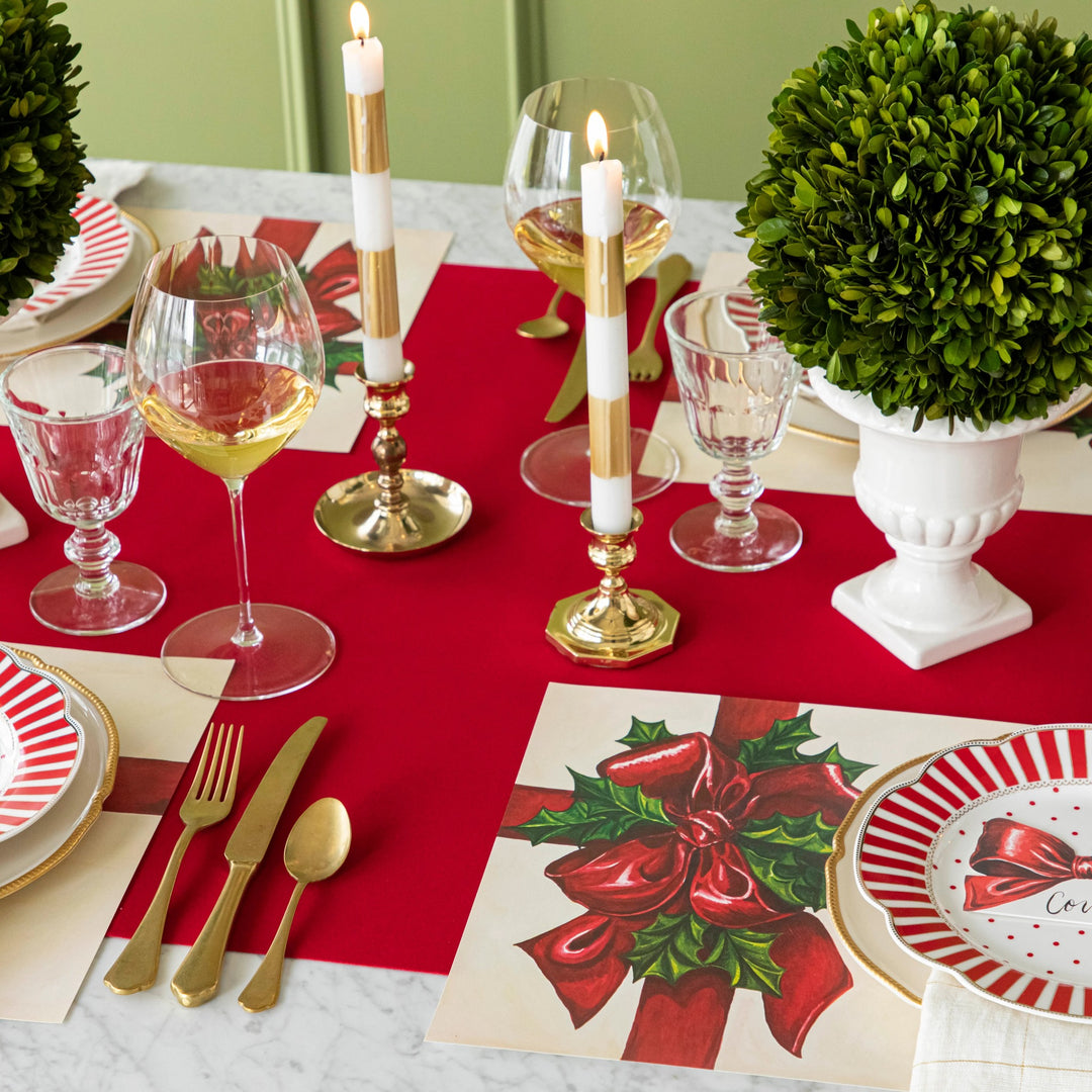 12 Inch Red Flocked Ribbon on a holiday table
