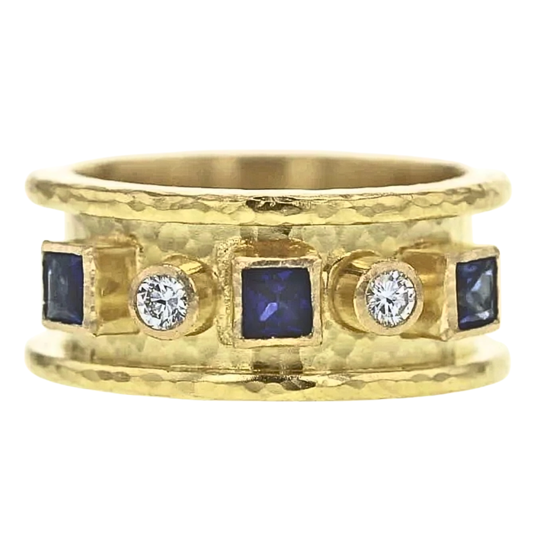 Cigar Style 19K Yellow Gold Ring Band With Sapphires and Diamond