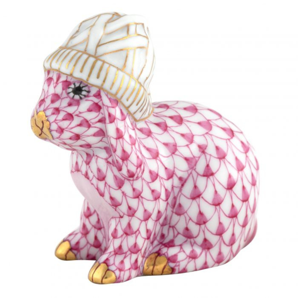 HEREND Bunny With Winter Hat RASPBERRY