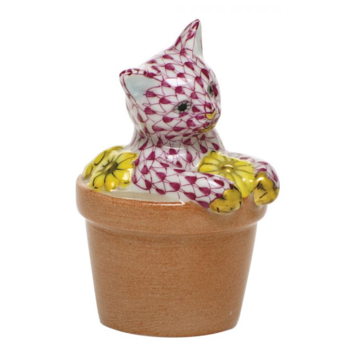 HEREND Flower Pot Kitty RASPBERRY