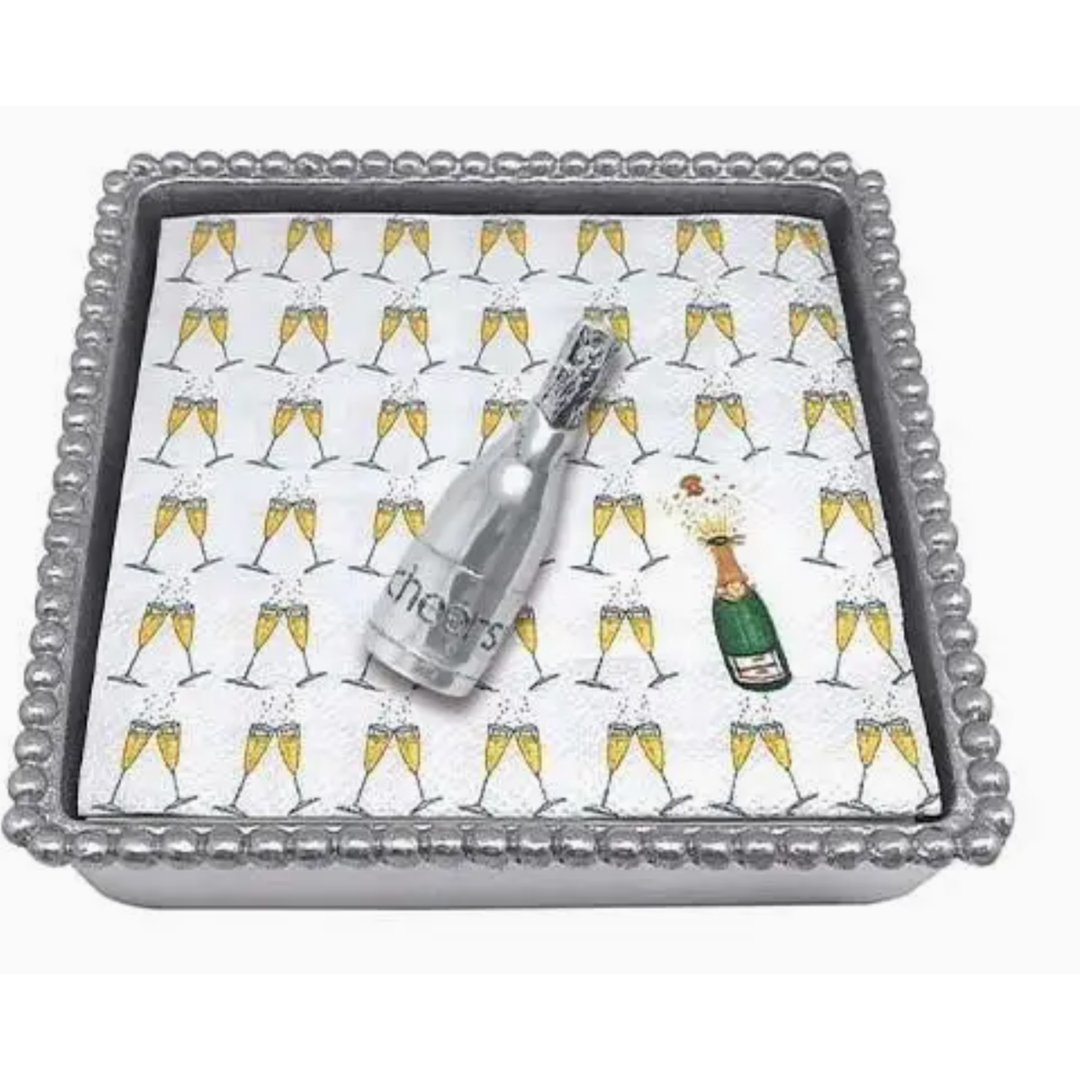 MARIPOSA Champagne Bottle Weight On Napkins and Beaded Napkin Box