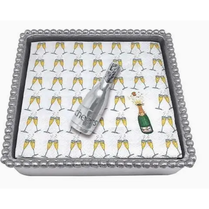 MARIPOSA Champagne Bottle Weight On Napkins and Beaded Napkin Box
