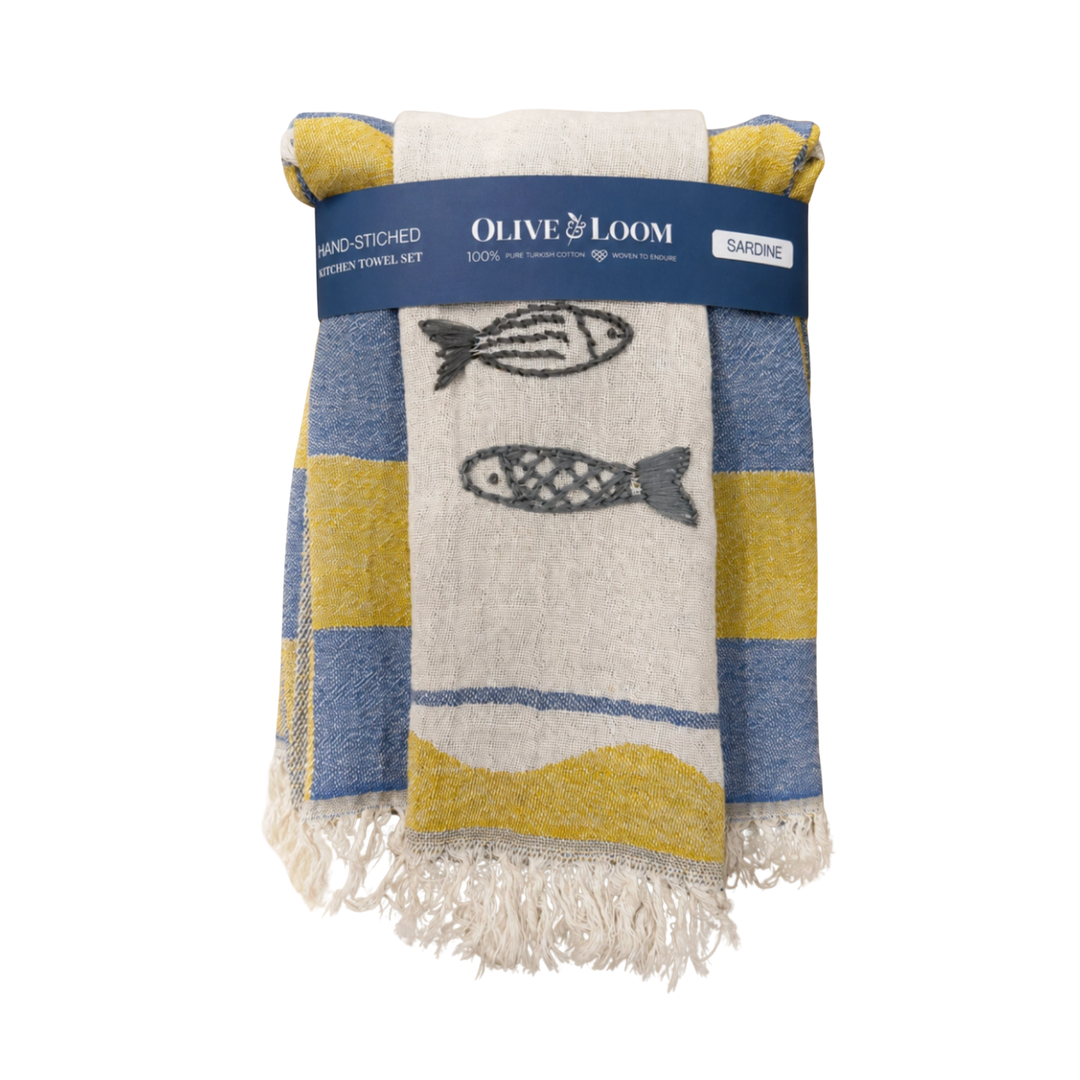 OLIVE & LOOM Sardine Hand-Stitched Tea Towel Set of 2 Default Title