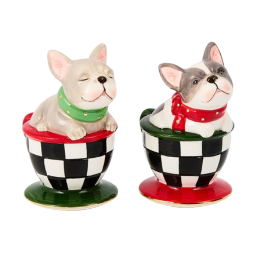 MACKENZIE CHILDS Check It Out French Bulldog Salt And Pepper Set