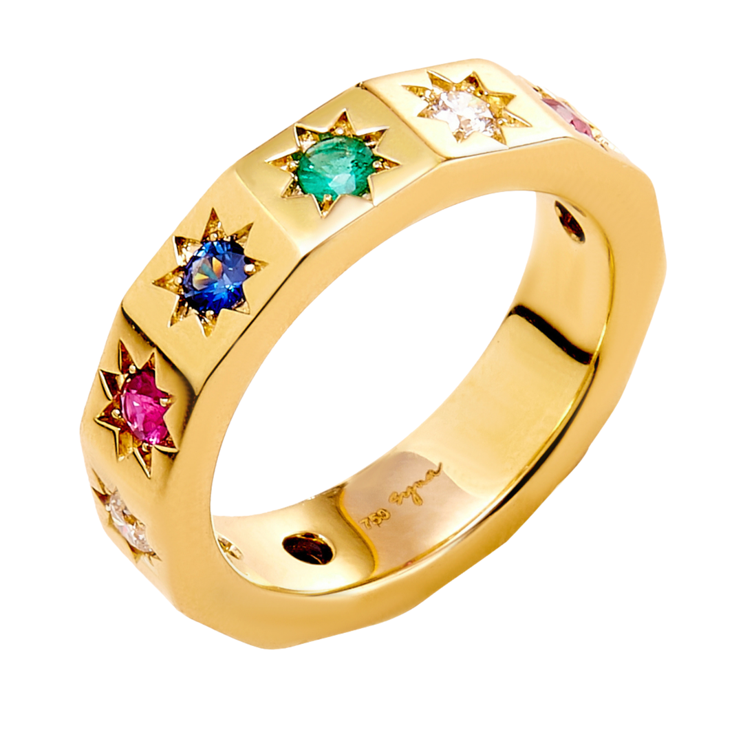 SYNA Multi-Star Band Ring in 18K Yellow Gold with Emeralds, Rubies, Blue Sapphires and Diamonds Default Title