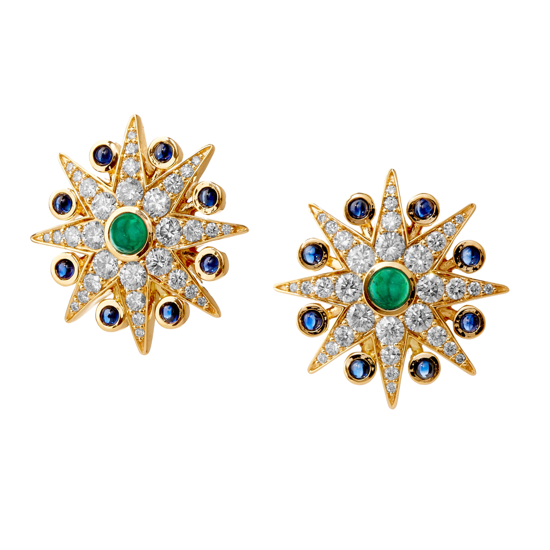SYNA Emerald and Sapphire Supernova Clip Earrings in 18K Yellow Gold With Diamonds Default Title