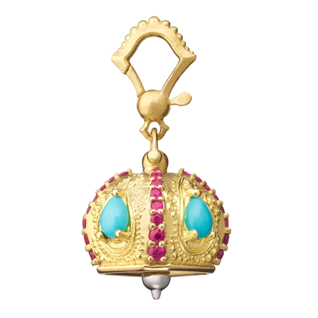 18K Yellow Gold 9mm Raja Meditation Bell Turquoise And Ruby
