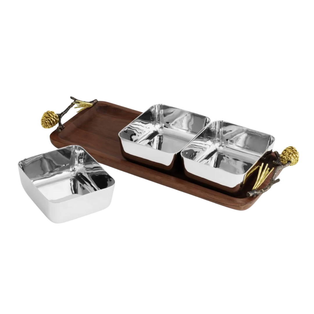 MICHAEL ARAM Pine Cone Wood Tray With Triple Bowls Default Title