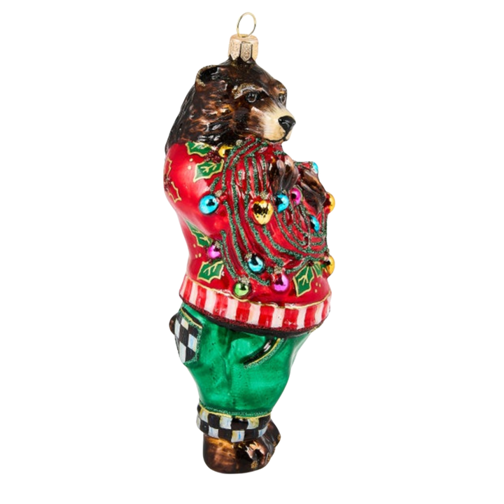 MACKENZIE CHILDS Deck The Halls Bear Glass Ornament