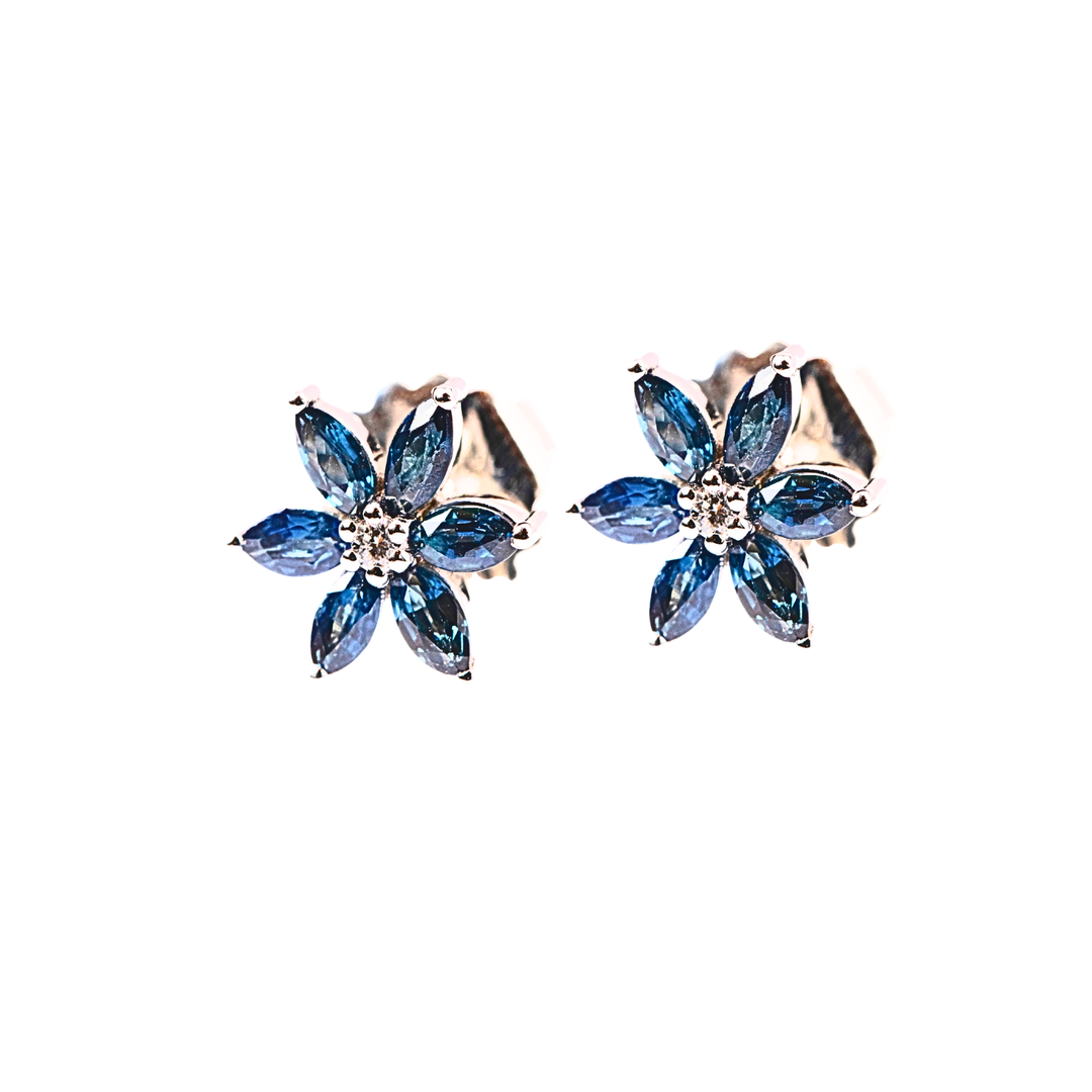 Flower Blue Sapphire On White Gold Earrings