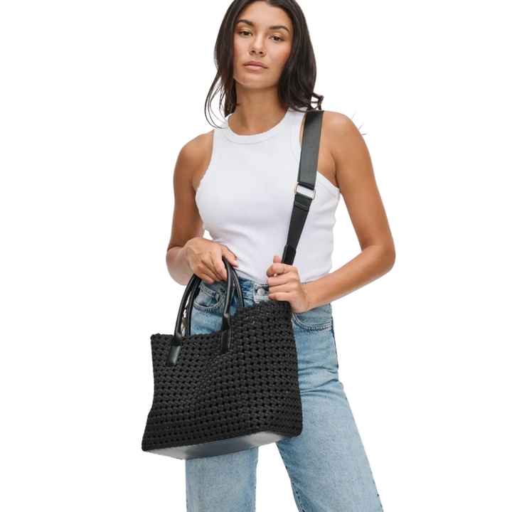 SOL AND SELENE Solstice Hand Woven Knoted Medium Black Tote