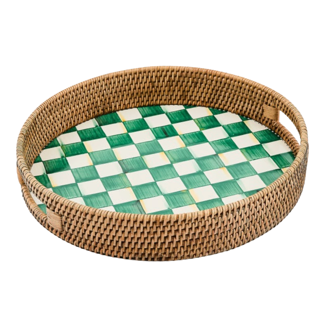 MACKENZIE CHILDS Emerald Check Enamel And Rattan Round Serving Tray Default Title