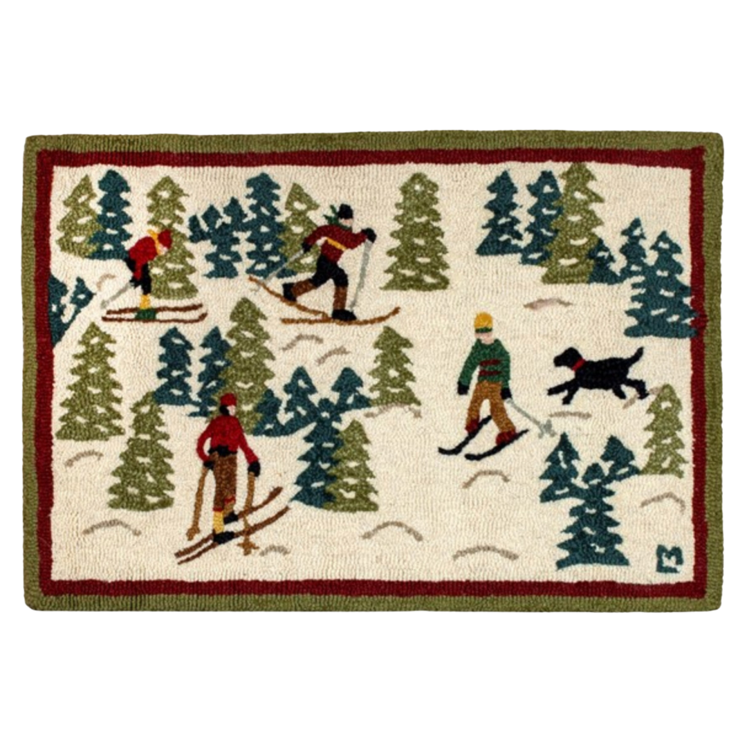 CHANDLER 4 CORNERS Cross Country Skiers Hooked Wool Rug