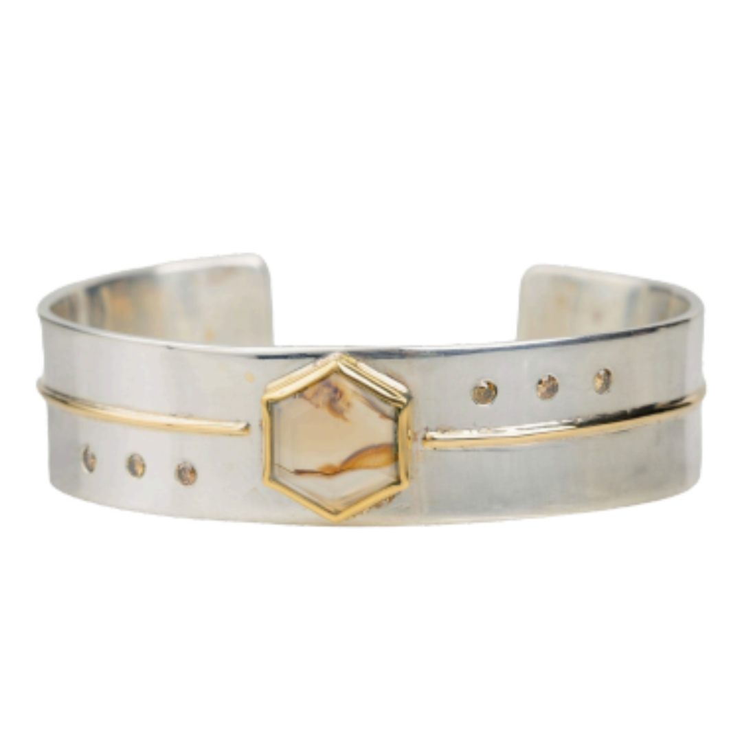 ARI O Montana Agate Yellow Gold and Silver Cuff Bracelet With Cognac Diamonds