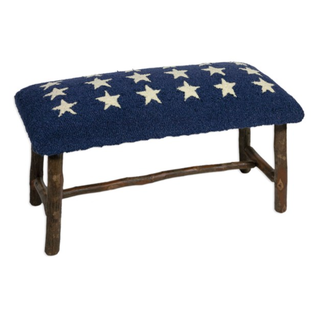 CHANDLER 4 CORNERS Hickory Bench With Wool Top And Stars On Blue