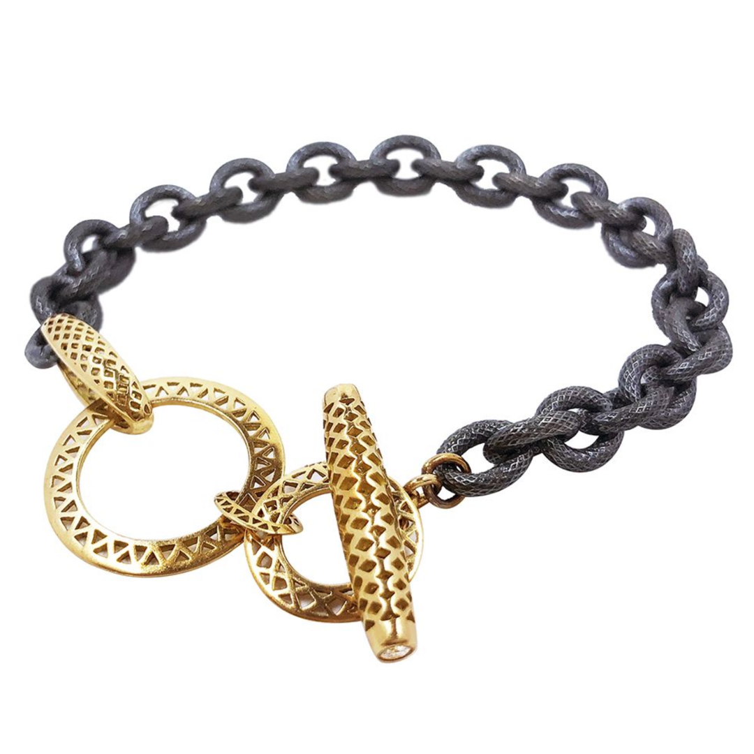 Crownwork Cable 18K Yellow Gold Chain And Oxidized Sterling Silver Bracelet With Diamonds