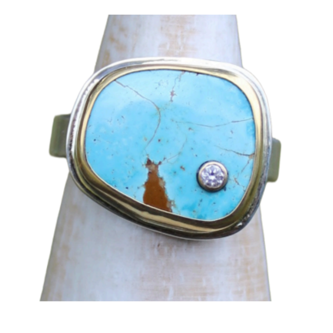 ARI O Turquoise Organic 18K Yellow Gold And Sterling Silver Ring With Diamonds