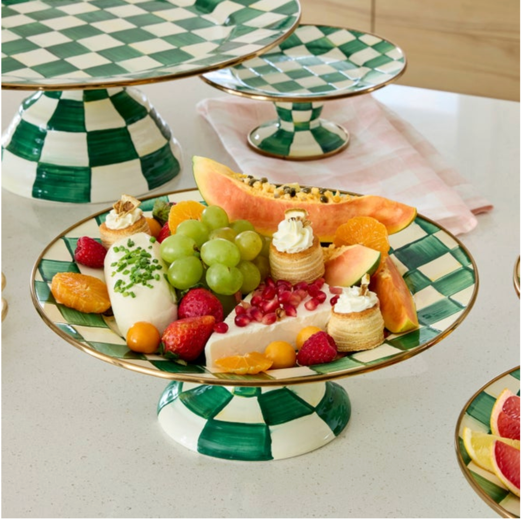 MACKENZIE CHILDS Emerald Check Large Pedestal Platter