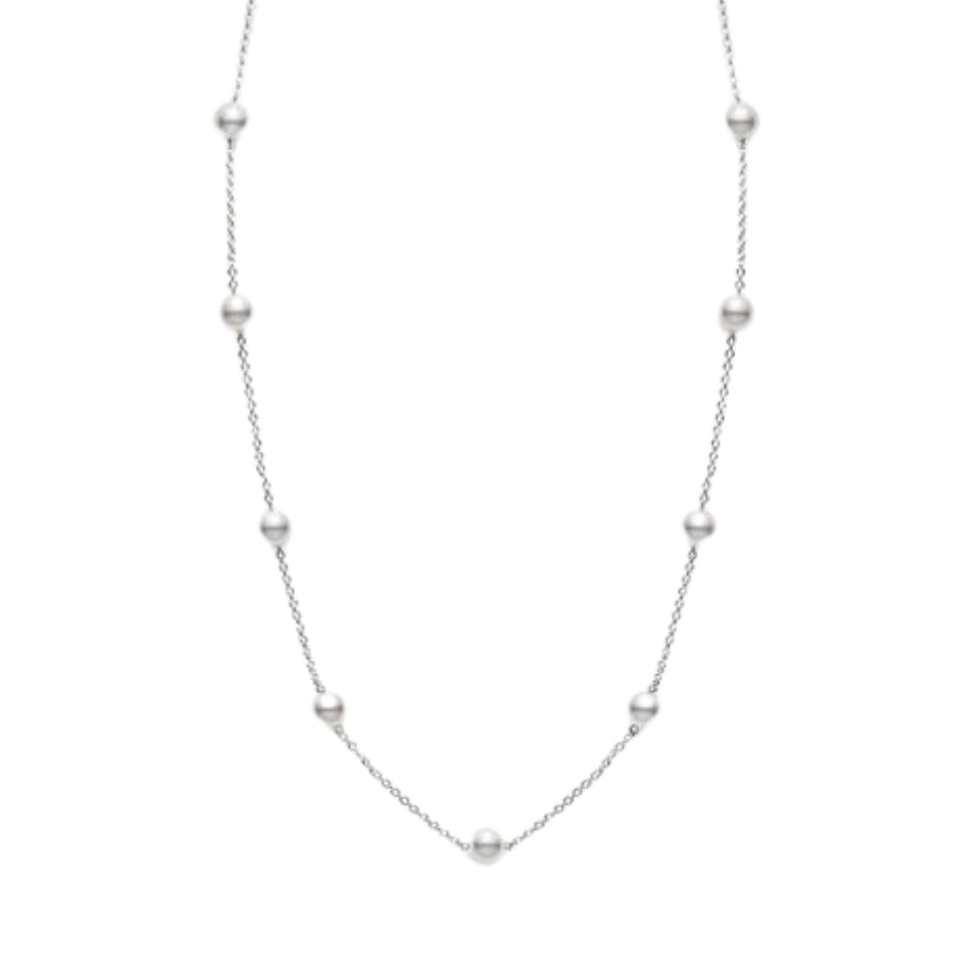 MIKIMOTO AKOYA CULTURED PEARL STATION NECKLACE IN 18K WHITE GOLD