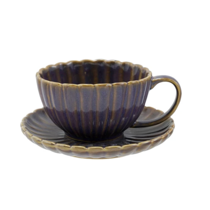 CREATIVE CO-OP Stoneware Ribbed Mug And Saucer Set In Plum Default Title