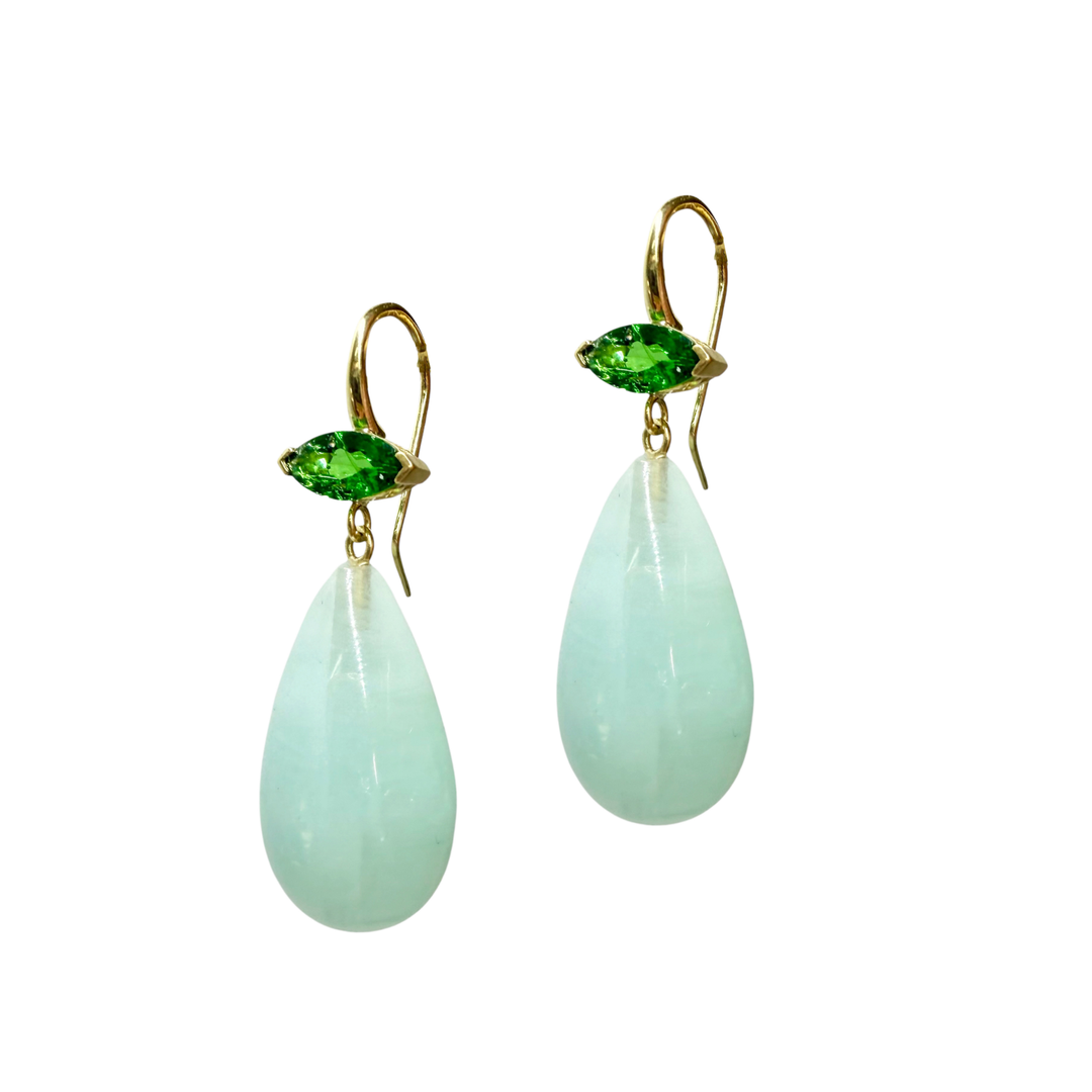 Tsavorite & Afghan Aquamarine Drop Earrings in 18K Gold