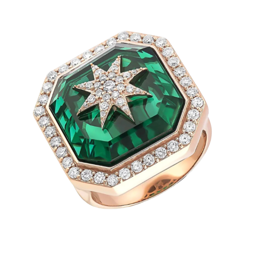 BEE GODDESS Starlight Venus Star 14K Rose Gold Ring With Diamonds and Green Quartz Default Title