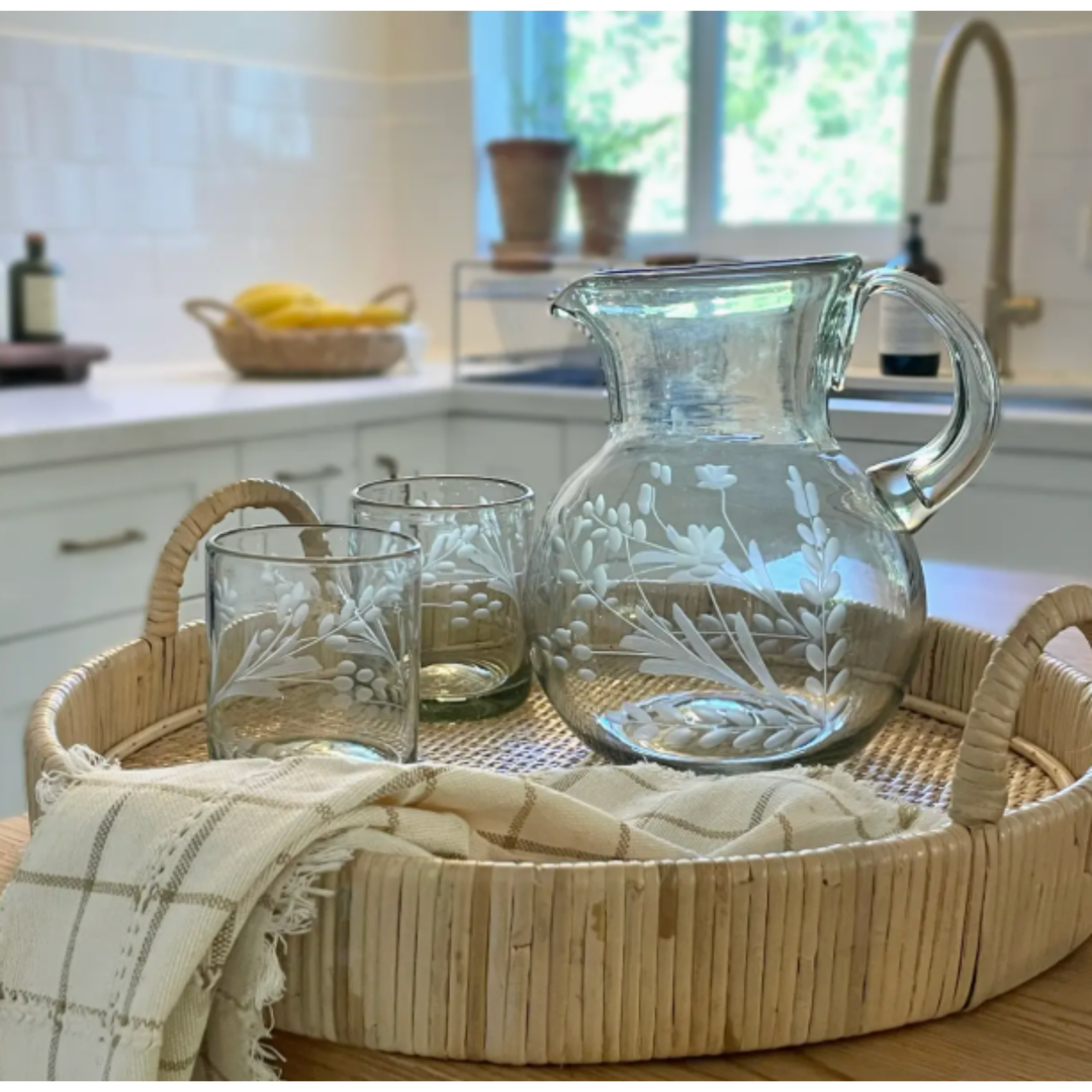 VILLA LUA HOME Hand Etched Small Blown Glass Pitcher