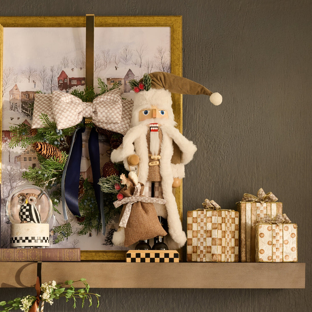 MACKENZIE CHILDS MacKenzie-Childs Mocha Check Wood Santa Nutcracker