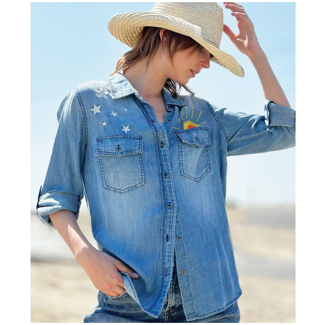 BILLY T Hello Sunshine Embroidery Sunshine Shirt Medium Color Washed Blue Default Title