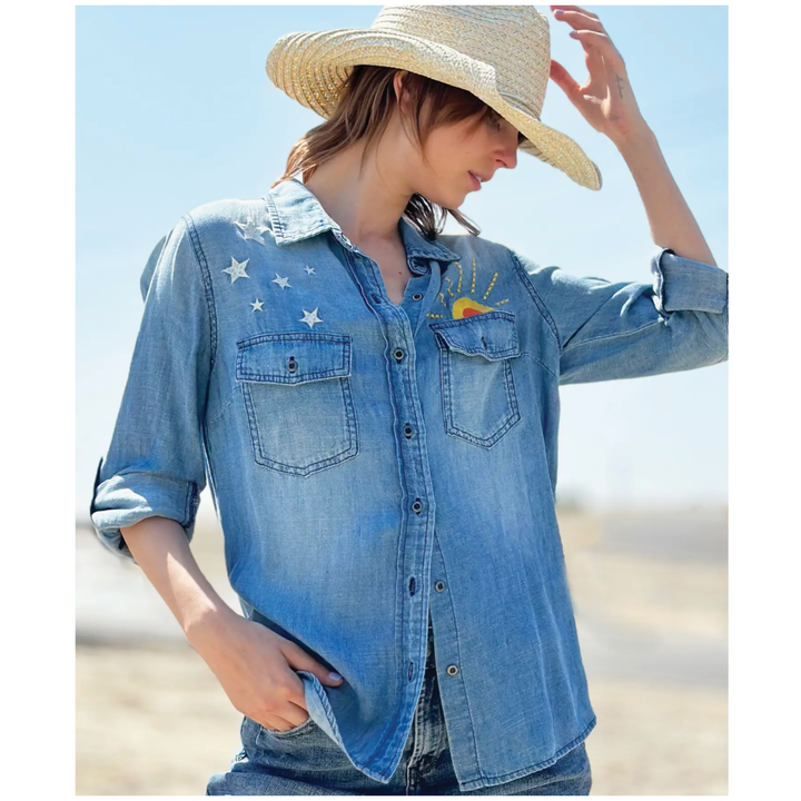 BILLY T Hello Sunshine Embroidery Sunshine Shirt Medium Color Washed Blue Default Title