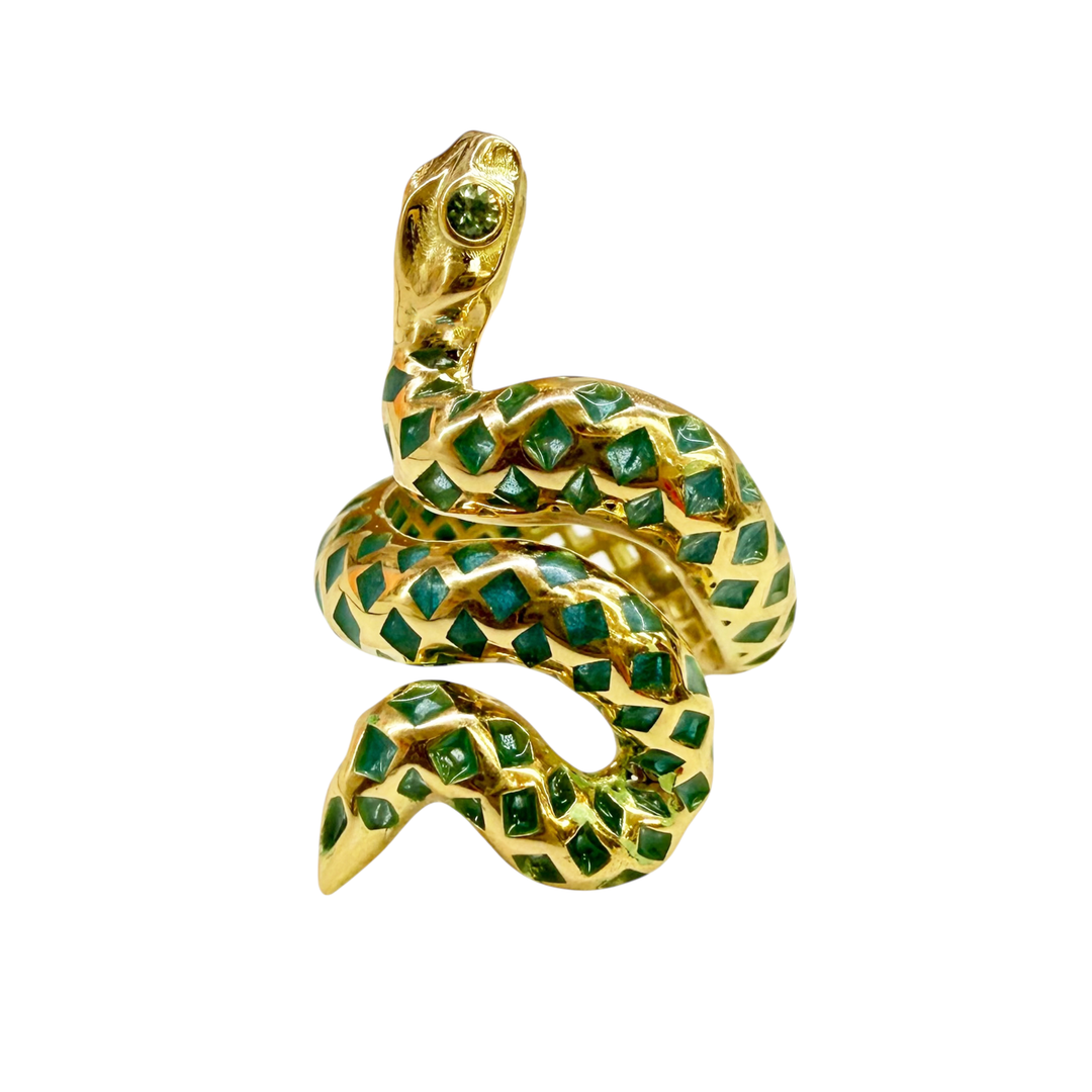 Crownwork® Snake Ring with Teal Plique-à-Jour Enamel & Green Sapphires