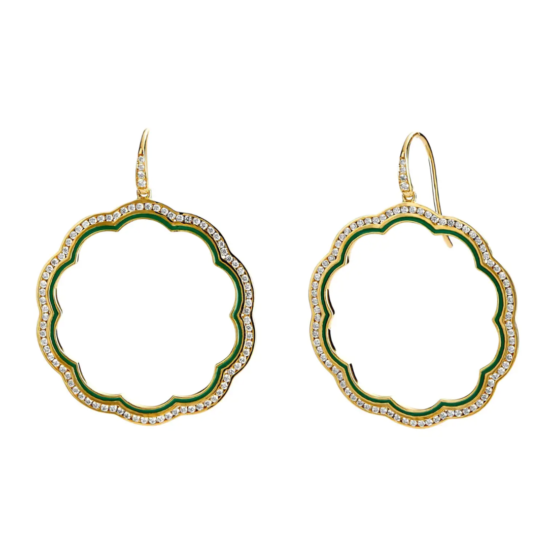 SYNA 18K Yellow Gold Flower Emerald Green Enamel and Diamond Earrings Default Title