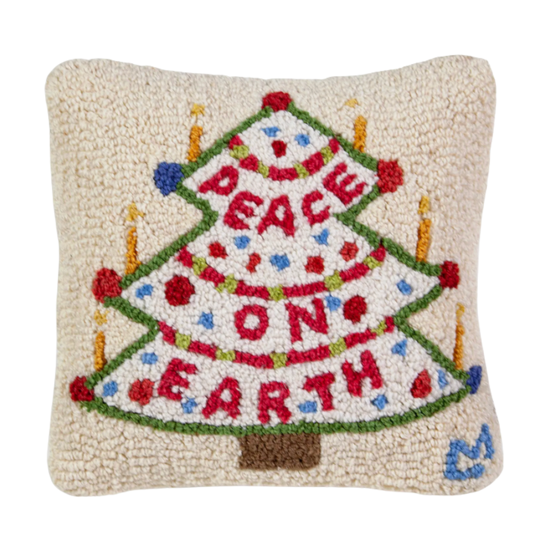 CHANDLER 4 CORNERS Peace On Earth Christmas Tree Hand Hooked Pillow