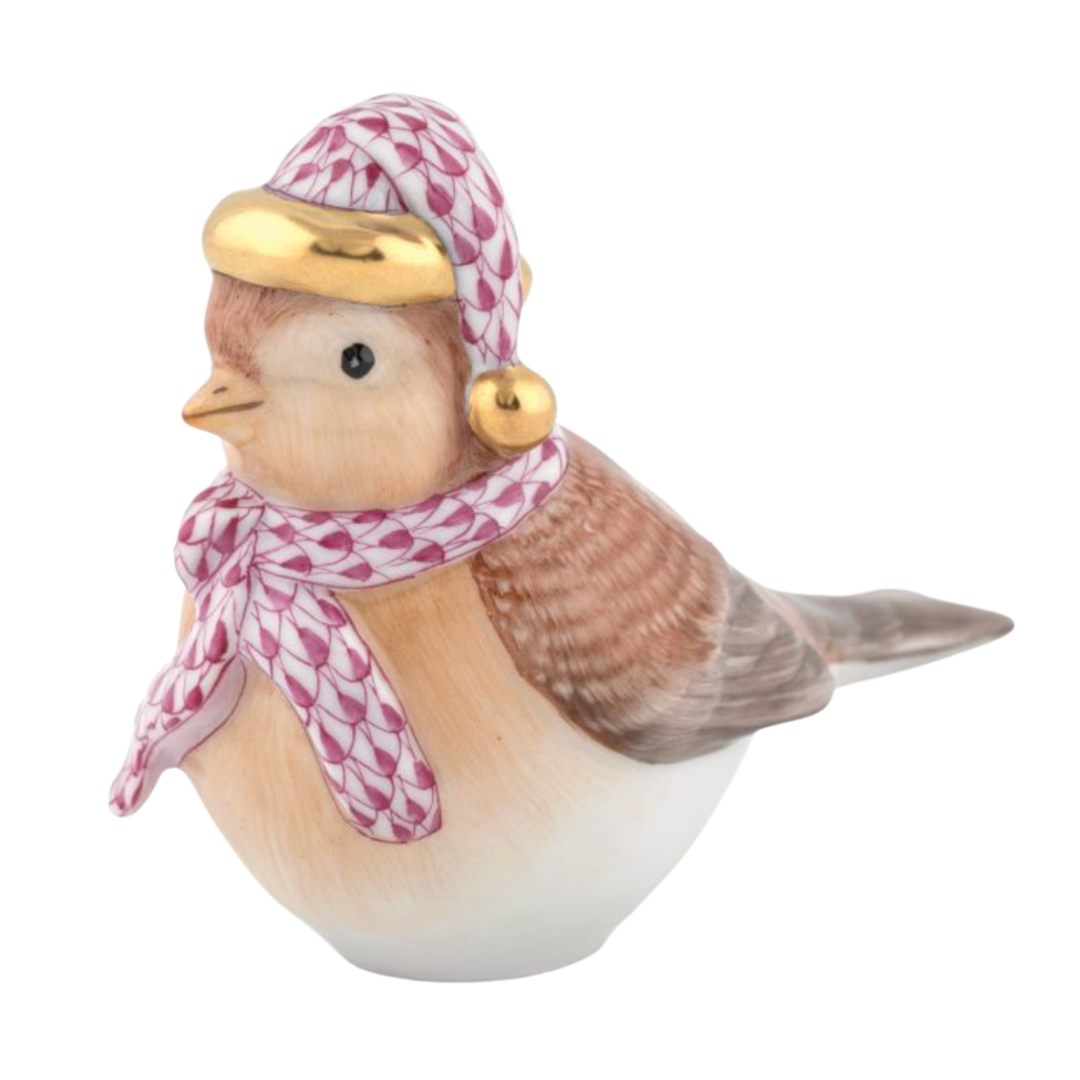 HEREND Winter Bird In Green RASPBERRY