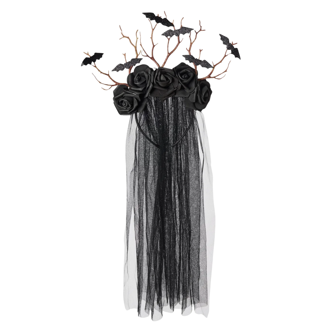 Halloween Bridal Veil With Bats And Black Roses