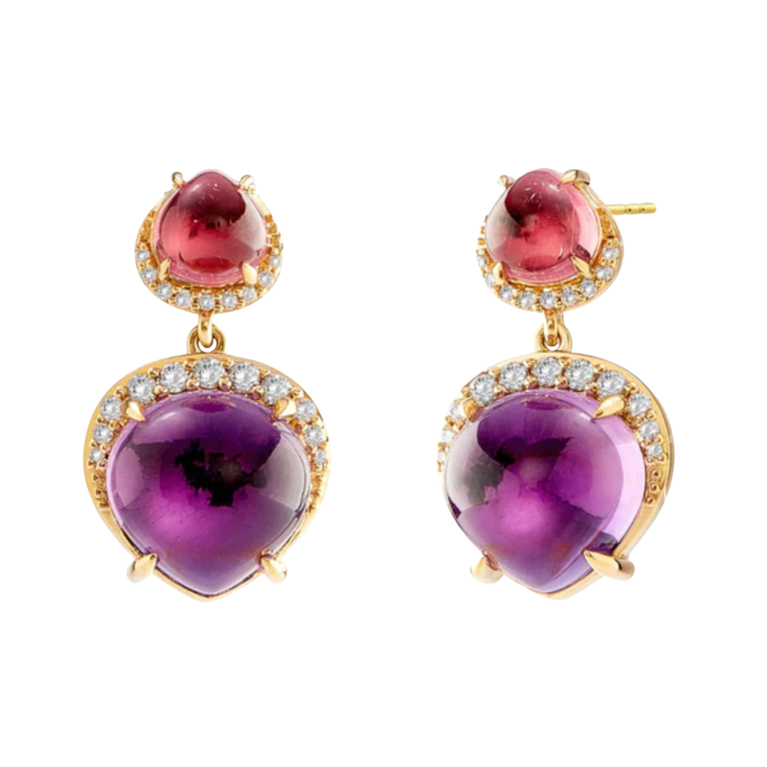 SYNA Heart Cabochon Drop Earrings 18K Yellow Gold with Amethyst, Rubellite and Diamonds Default Title