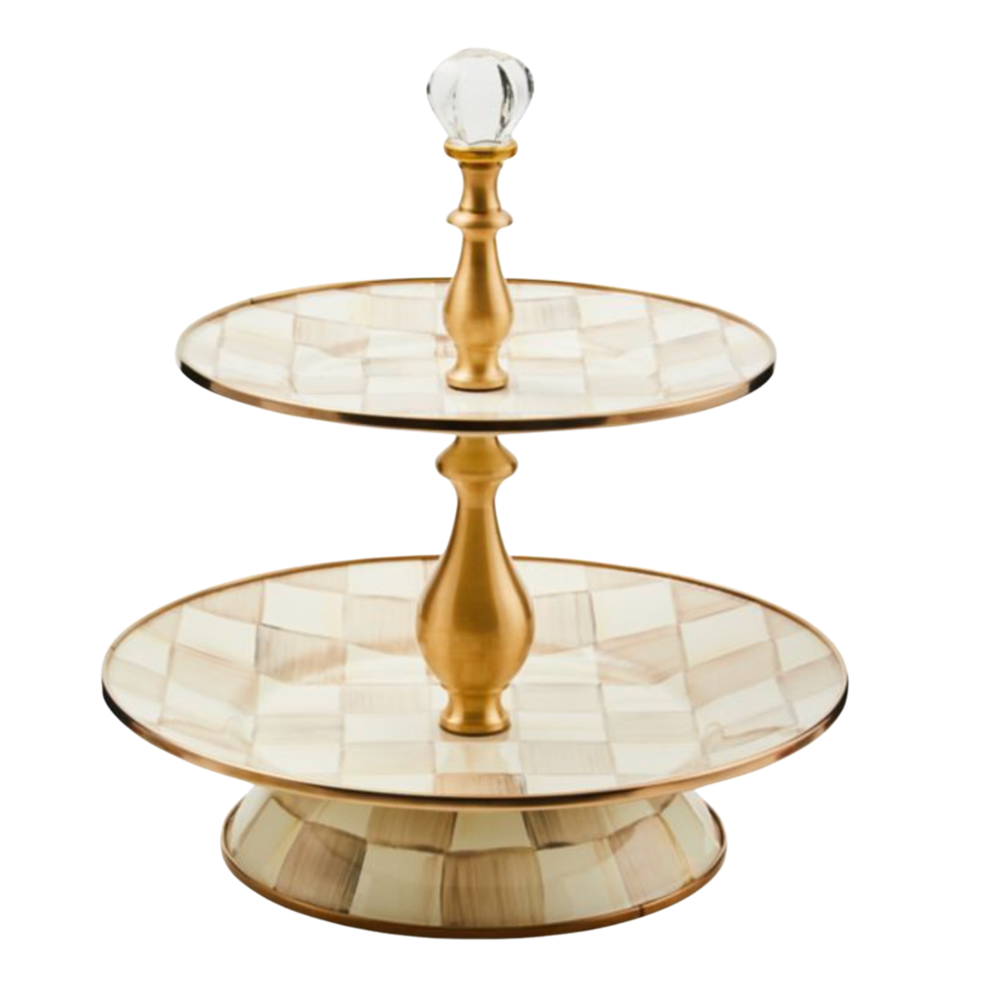 MACKENZIE CHILDS Mocha Check Two Tier Sweet Stand