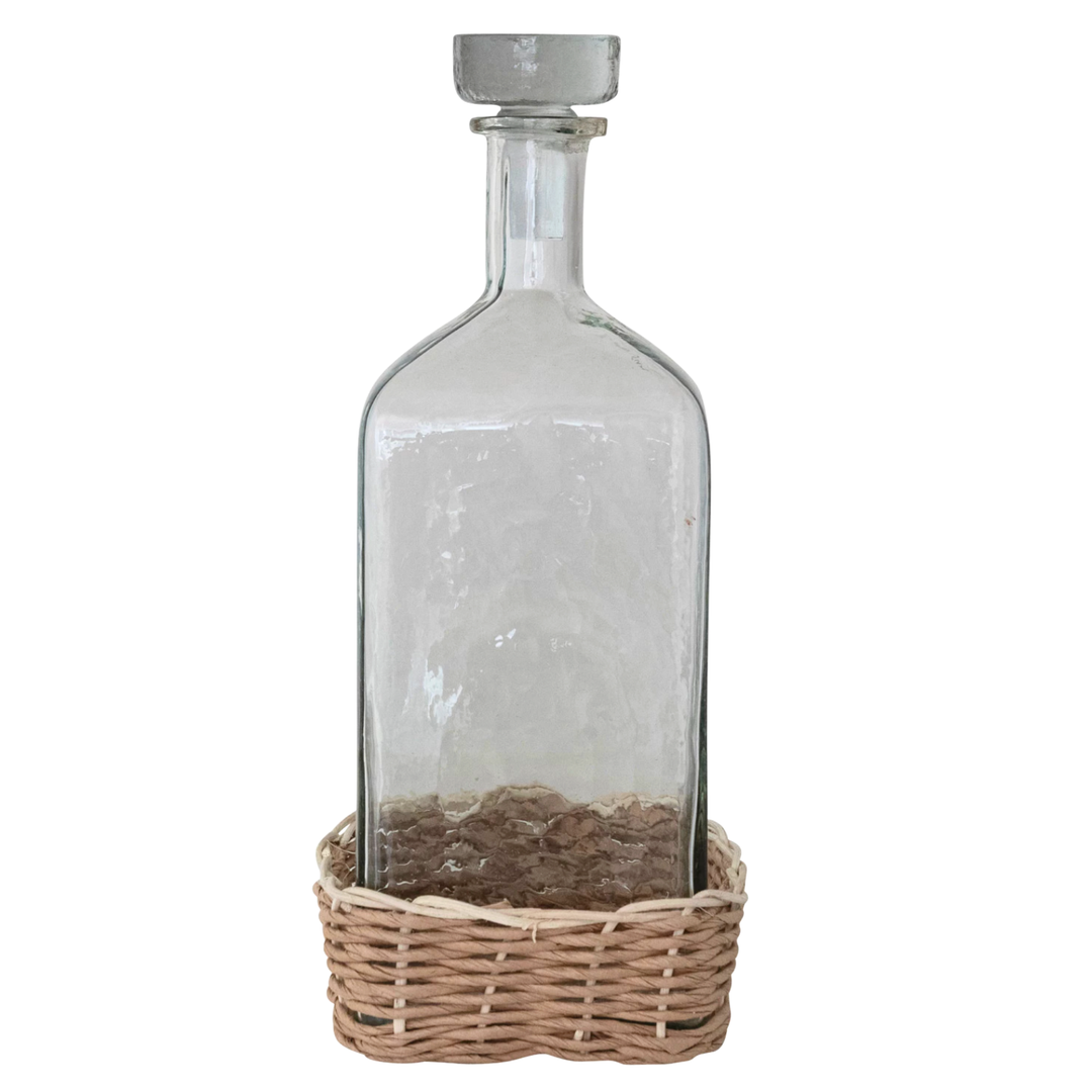 CREATIVE CO-OP Glass Bottle With Glass Stopper On Rattan Base Default Title