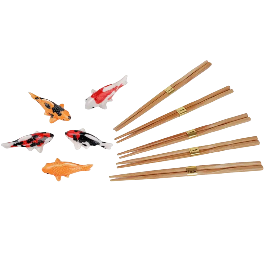 URBAN TOKYO 5-Piece Chopstick Set with Japanese Porcelain Koi Fish Rests Default Title